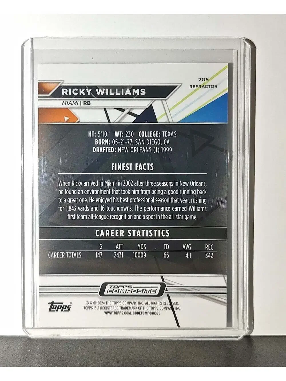 Ricky Williams 2023 Topps Finest Refractor NFL #205 Card Miami Dolphins